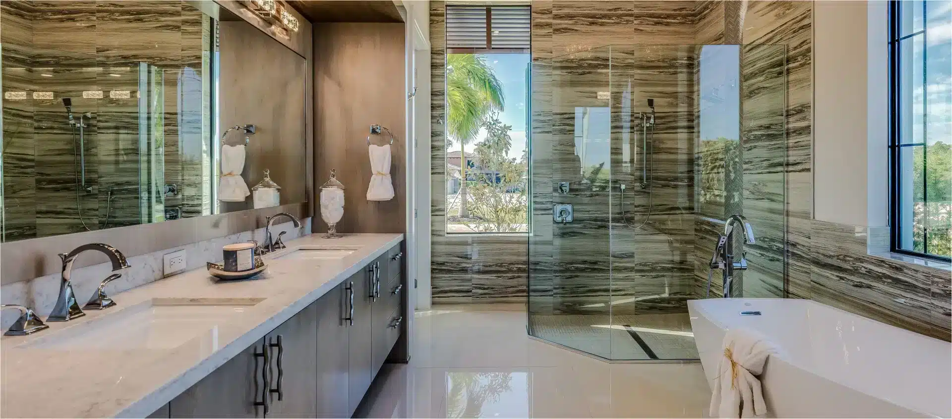 Shower glass repair and installation showcased in a luxury bathroom with a frameless glass shower enclosure.