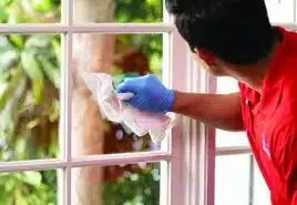 A Glass Doctor technician cleaning a window after home glass repair and replacement.