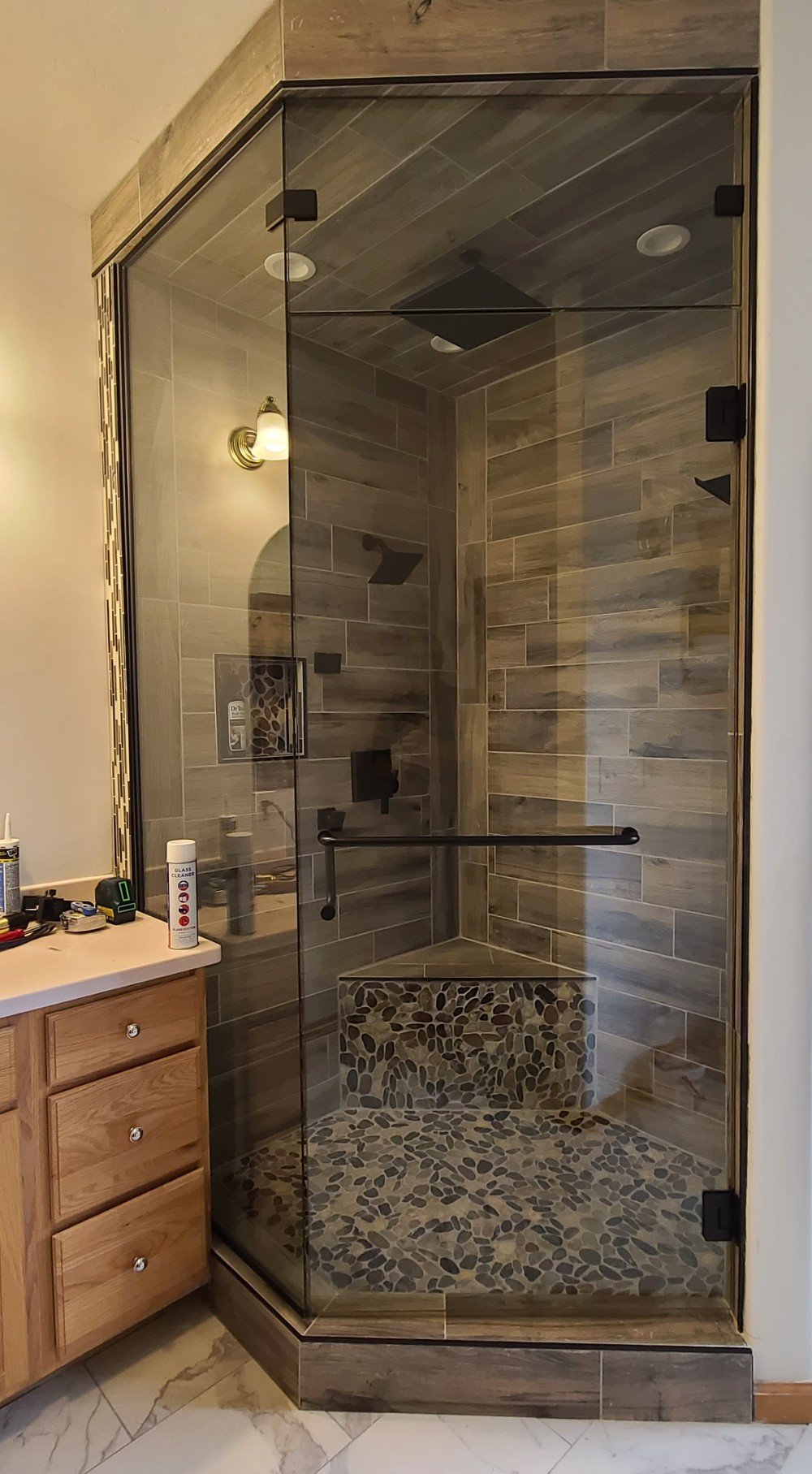 Custom Shower door with Return and Transom by Glass Doctor of Fairbanks