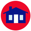 Glass Doctor blue home icon in a red circle with a white background