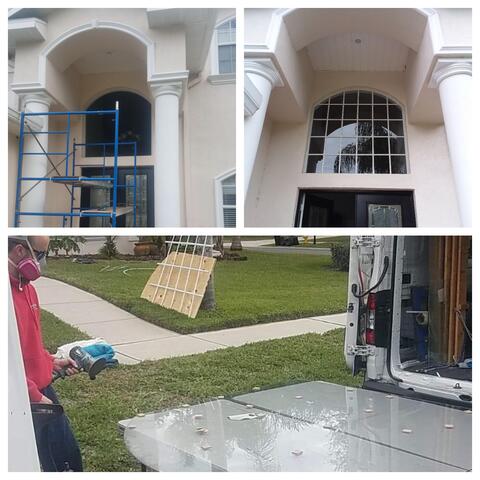 A collage of three photos showing a custom arch window above the front door of a house being installed by Glass Doctor of Sarasota.
