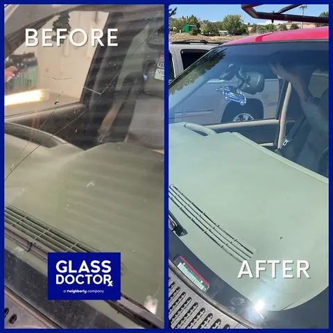 Before and after photo showing a cracked windshield in a vehicle next to a photo of the new windshield installed by Glass Doctor Auto of Castle Rock.