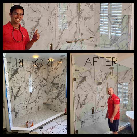 A collage of three photos showing a before and after of a frameless glass shower doing installed on a shower with gray marble tiles by Glass Doctor of Sarasota.