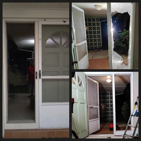 A collage of images showing the glass replacement process on a window next to the front door of a house by Glass Doctor of Ocala.