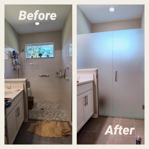 Before and after image of a frameless frosted glass shower enclosure installed by Glass Doctor of Ocala.