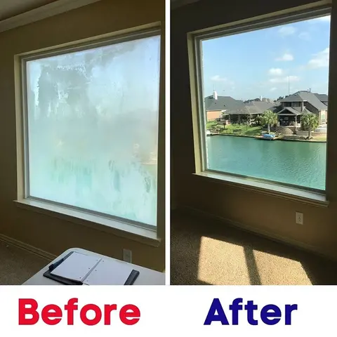 A before and after showing the replacement of a double-pane window with a fogged window on the left and a clear new window on the right by Glass Doctor of Ocala.