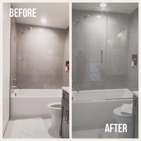 Before and after photos of a bathtub with gray tile walls and no shower doors and then with frameless glass shower doors installed by Glass Doctor of Sarasota.