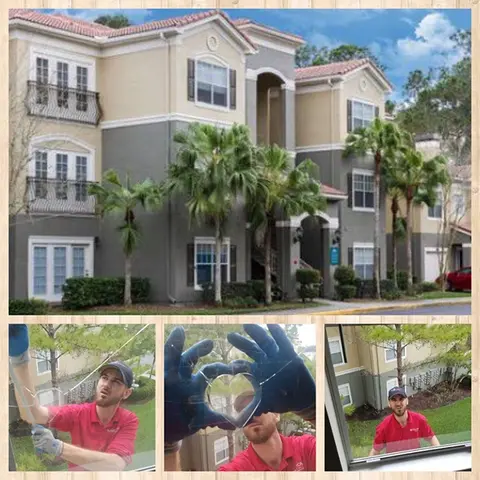 A collage showing a Glass Doctor of Tampa Bay service professional fixing a broken window in an apartment building.