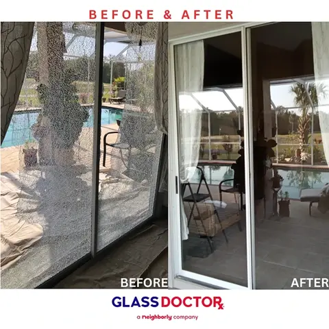 A side-by-side before and after image with a broken sliding glass door on the left and a the same door after glass replacement by Glass Doctor of Ocala on the right.