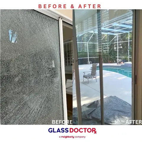 A before-and-after image showing shattered patio door glass on the left and the replaced patio door glass on the right by Glass Doctor of Pinellas County.