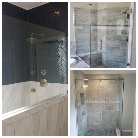 A collage of three custom showers with three different styles of glass including a glass wall, an angled glass door, and a sliding glass door by Glass Doctor of Sarasota.