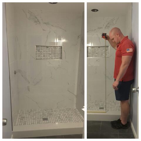 A collage with marble tiles and AJ installing a glass splash panel for Glass Doctor of Ocala.