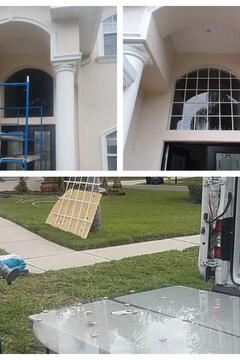 A collage of three photos showing a custom arch window above the front door of a house being installed by Glass Doctor of Sarasota.