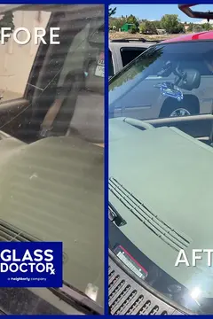 Before and after photo showing a cracked windshield in a vehicle next to a photo of the new windshield installed by Glass Doctor Auto of Castle Rock.