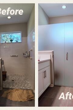 Before and after image of a frameless frosted glass shower enclosure installed by Glass Doctor of Ocala.