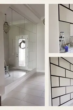 A collage of photos showing the installation of a custom mirror feature on a section of wall in a Tampa area home by Glass Doctor of Tampa Bay.