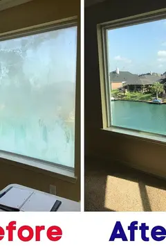 Double pane window repair before and after on a foggy window by Glass Doctor of Tampa Bay.