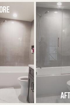 Before and after photos of a bathtub with gray tile walls and no shower doors and then with frameless glass shower doors installed by Glass Doctor of Sarasota.