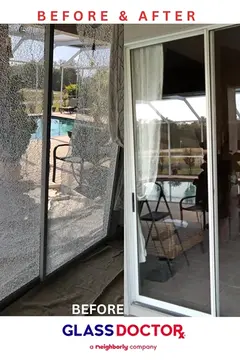 A side-by-side before and after image with a broken sliding glass door on the left and a the same door after glass replacement by Glass Doctor of Ocala on the right.