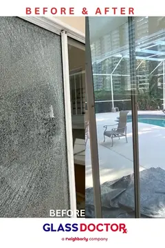 A photo showing the before and after of a patio door glass replacement with a shattered glass door on the left and a newly installed glass door on the right by Glass Doctor of Ocala.