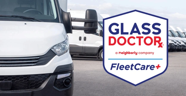 White fleet vans with Glass Doctor FleetCare+ shield logo