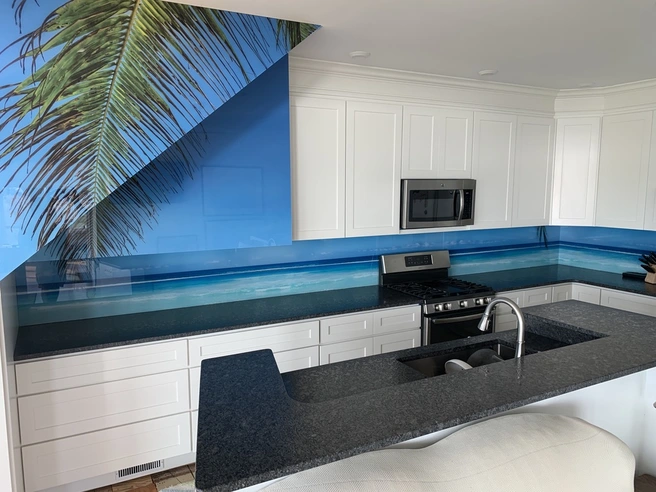 IMAGIO ocean palm tree kitchen backsplash.