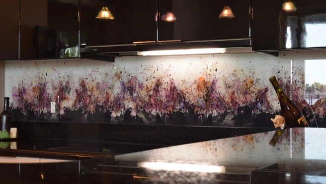 IMAGIO purple kitchen backsplash.