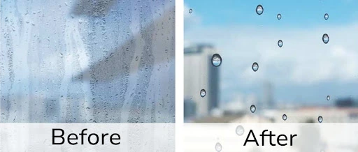 Before and after hydrophobic glass coating images showing water streaks and beading.