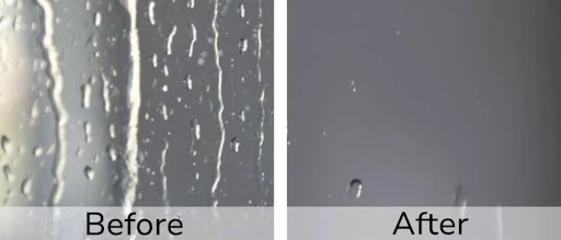 Before and after glass surface showing water beading after hydrophobic coating application.