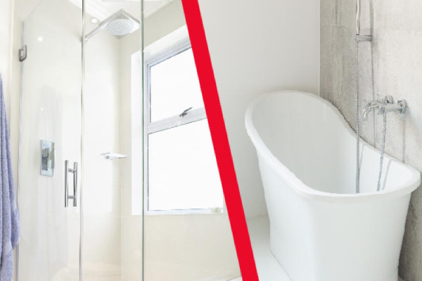 A well-equipped bathroom showcasing a shower, bathtub, and toilet, emphasizing modern design and utility.