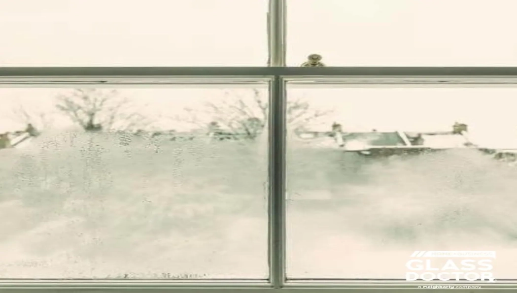 Foggy double pane window in a Charleston home during winter caused by condensation from high humidity and cooler temperatures