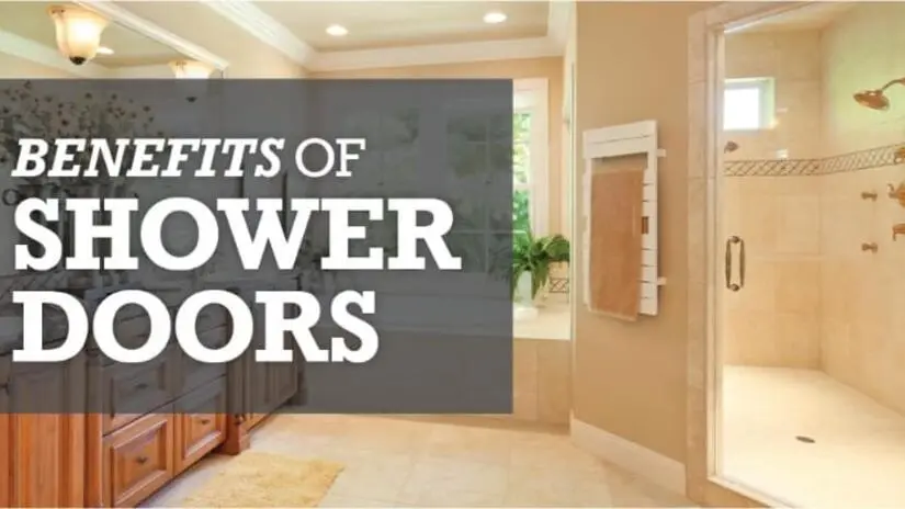 A bathroom with a glass shower door