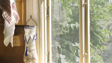 A sliding glass door in a kitchen