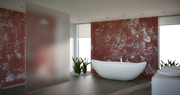 Frosted glass partition separating tub in a modern bathroom