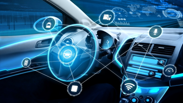 Interior of a car with a futuristic dashboard showing autonomous controls